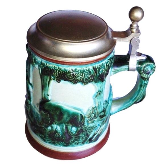 Vintage German Beer Stein Blue Green Glaze Hunter after Deer Hinged Pewter Lid - Picture 2 of 9